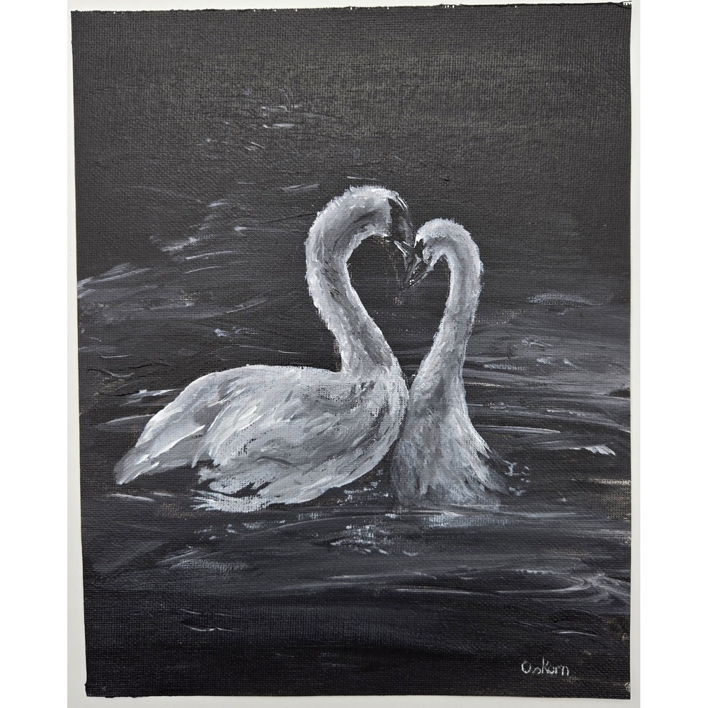 Original Acrylic Painting Swans‎ in Water 8x10 Black White Wildlife Art Canvas